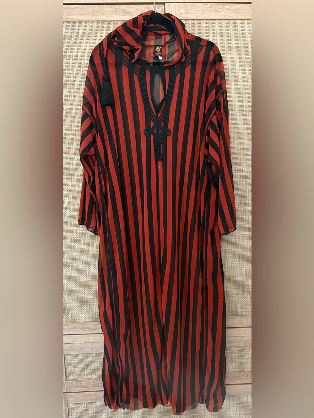 Vintage 90s Jean Paul Gaultier Soleil Hooded
Red Black Stripe Mesh Kaftan Tunic